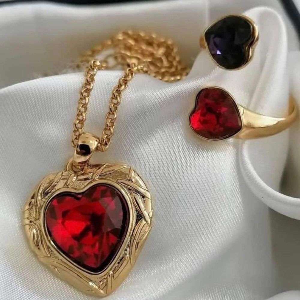 18 K Gold and Red Heart Pendant Necklace, Earring, and Ring. All Set